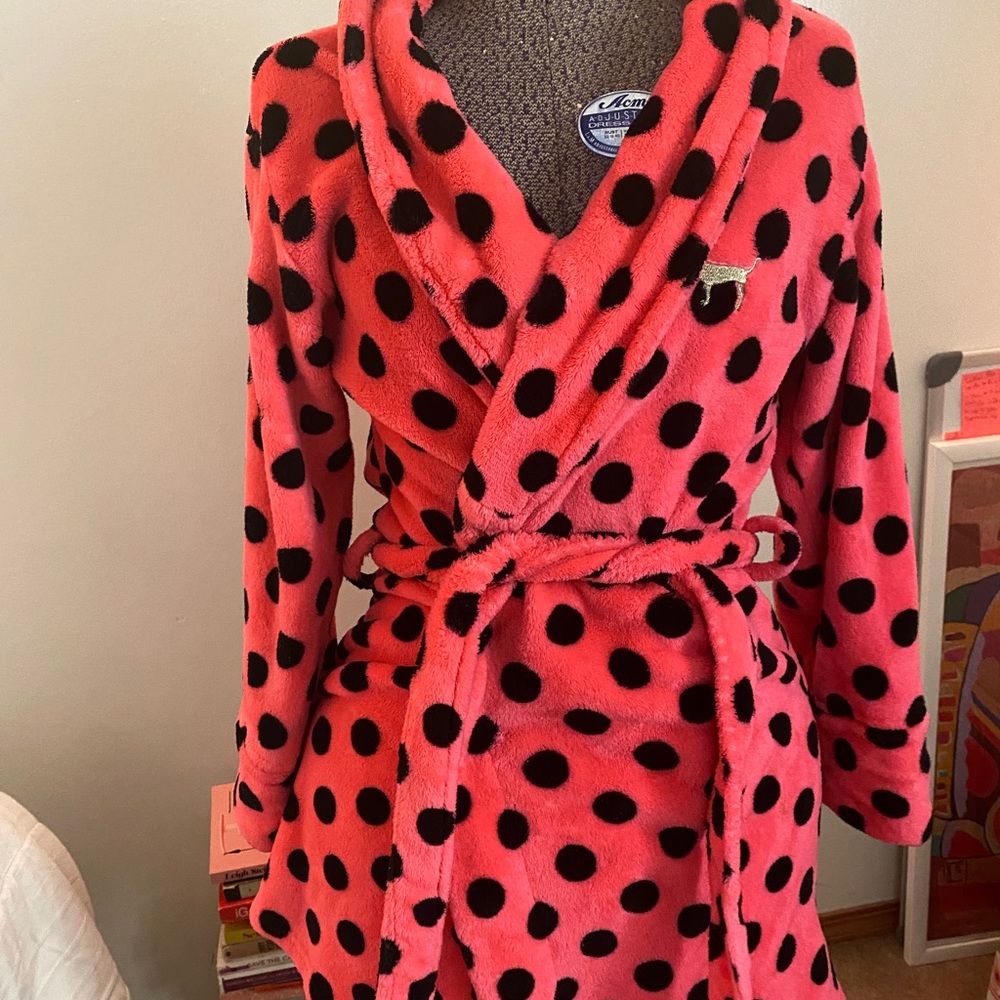 Pink polka dot bathrobe, Victoria’s Secret pink
